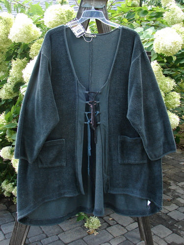Barclay NWT Chenille Rippie Tie Robe Jacket Unpainted Urban Forest Size 2 displayed on a hanger, showcasing its double drop front pockets, A-line shape, deep V neckline, and loop closures.