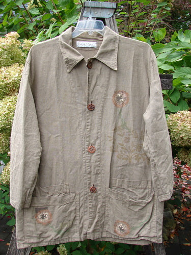 1998 Botanicals Herbary Jacket Dandelion Drift Dust Size 1, light-khaki mid-thigh length, features crinkled texture, wooden buttons, patch pockets, dandelion motifs, creating a vintage artistic flair, aligning with BlueFishFinder's unique style.