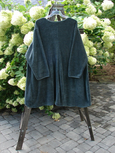 Barclay NWT Chenille Rippie Tie Robe Jacket Unpainted Urban Forest Size 2 displayed on a rack, highlighting its double drop front pockets, A-line shape, and smooth vertical cotton paneling.