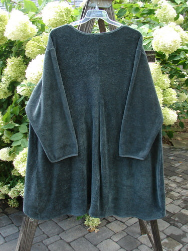 Barclay NWT Chenille Rippie Tie Robe Jacket Unpainted Urban Forest Size 2 displayed on a clothes rack, featuring double drop front pockets, A-line shape, and loop closures.