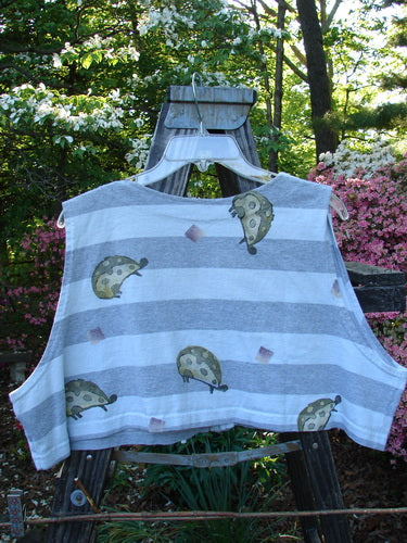 1996 Bumblebee Vest Ladybug Gray Flight Stripe Size 2 featuring whimsical ladybug accents, two front recycled buttons, and a wide boxy shape. Made from organic cotton, part of the 1996 Spring Collection.