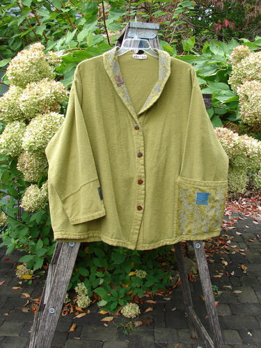 Barclay Patched Flannel Frolic Jacket Green Seed Size 2 displayed outdoors, featuring an oversized pocket with patterned lining, unique wooden buttons, and a textured knit, capturing Bluefishfinder.com's vintage, expressive style.