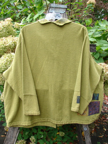 Barclay Patched Flannel Frolic Jacket Green Seed Size 2 draped on a wooden ladder, showcasing its ribbed texture, oversized pocket, contrasting sleeves, unique buttons, and painted details amidst a lush garden setting.
