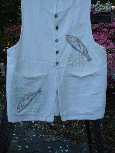 1999 Textured Linen 2 Pocket Vest Fish Natural Size 0, featuring hand-painted fish, two oversized front pockets, pearl buttons, and a signature blue fish patch, from BlueFishFinder's vintage summer collection.