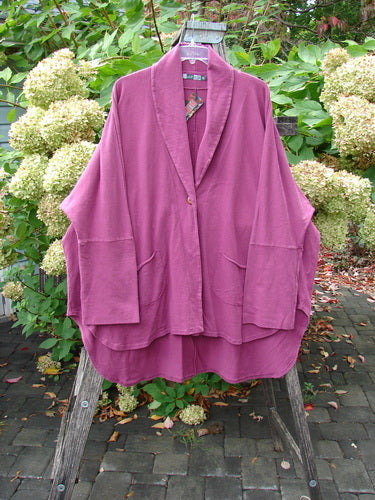 Barclay NWT Reprocessed Golden Hour Jacket with a relaxed shawl collar and single button, displayed on a wooden stepladder, showcasing its distinctive dolman sleeves and front oversized pockets.