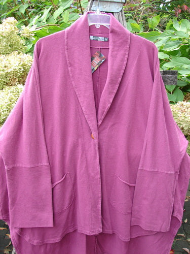 Barclay NWT Reprocessed Golden Hour Jacket Rear Folk Garden Pokeberry OSFA, featuring an oversized fit, shawl collar, batwing sleeves, single button closure, and diagonal patch pockets, displayed against a floral backdrop.