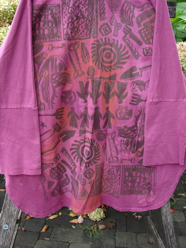 Barclay NWT Reprocessed Golden Hour Jacket Rear Folk Garden Pokeberry OSFA displayed on a bench, showcases dark brown block-print motifs, single button closure, and oversized pockets with a deep V neckline.