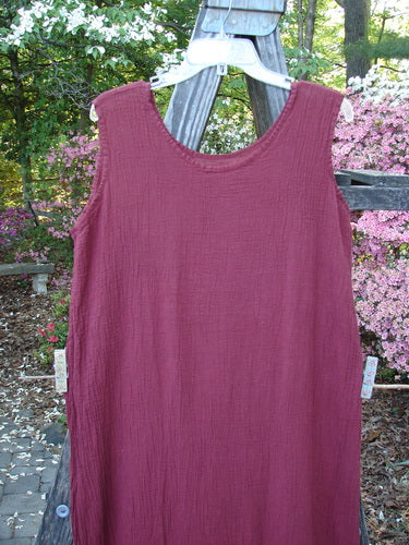 Barclay Gauze Seamless A Line Pinafore Shift Unpainted Red Wine Size 1 displayed on a clothes rack, showcasing its elegant A-line shape and shallow neckline.