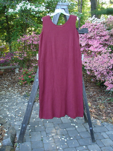 Barclay Gauze Seamless A Line Pinafore Shift Unpainted Red Wine Size 1 displayed on a wooden rack, showcasing its sleek A-line shape and shallow neckline.
