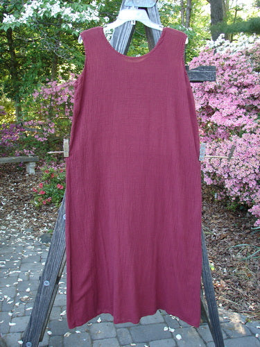 Barclay Gauze Seamless A Line Pinafore Shift Unpainted Red Wine Size 1 displayed on a wooden ladder, highlighting its slight A-line shape and shallow neckline, perfect for a seamless summer look.