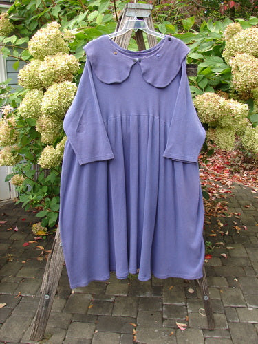 1992 Thermal Silly Collar Dress Unpainted Periwinkle Size 2 hangs on a wooden ladder, showcasing its scalloped Peter Pan collar, three-quarter sleeves, and empire waist with a sweeping A-line shape.
