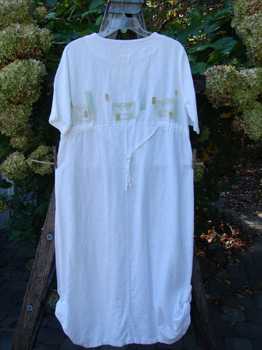 1999 Textured Linen Water Dress Tiny Fish White Size 0, featuring an empire waistline, full sweeping skirt, and unique appliqué details, displayed on a trellis amidst lush greenery, reflecting vintage Blue Fish charm.