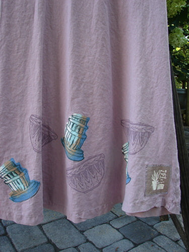 1999 Patio Jumper Fancy Bake Bowls Heliotrope Size 0, sleeveless with deeper arm openings, gathered rear waist seam, exterior pocket with shell button, and long flowy A-line shape.