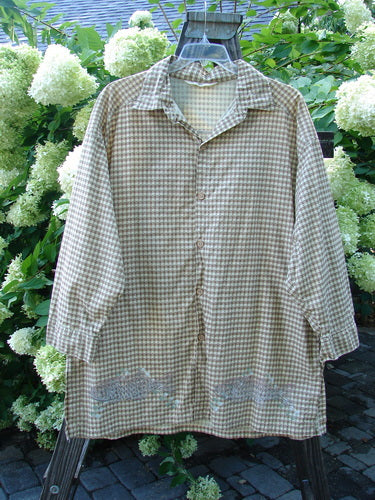 1996 Woven Tourist Top Fish Border White Pine Gingham OSFA on a hanger, showcasing tiny wooden buttons, stand-up collar, buttoned cuffs, vented sides, and a soft fish border theme.