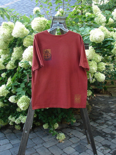 1998 Men's Artist Choice Short Sleeved Tee Earth Brick Size 2 displayed on a hanger, showcasing its classic earth-themed design and soft, thicker ribbed neckline.