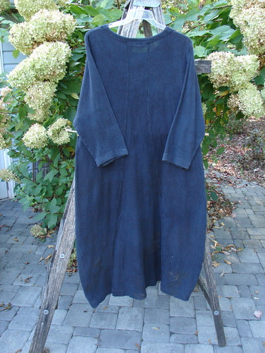 1998 Limited Edition Gauze Thostle Dress in Raven, Size 1, displayed outdoors. Features three-quarter sleeves, hourglass shape, two front pockets, and softly rolled neckline, hanging on a wooden ladder.