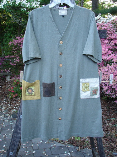 2000 Cotton Hemp 3 Block Cardigan Sun Pocket Loden Size 1 featuring patchwork designs, V neckline, tri-colored accents, painted front pockets, and original buttons for a unique, vintage look.