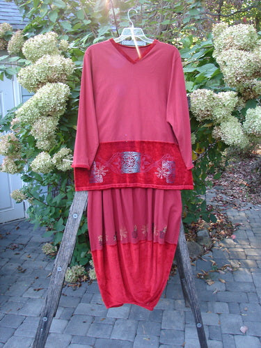 1996 Velvet Arrowhead Sofia Duo Pomegranate Size 1 2, featuring a loose-cut red tunic with embroidered hem and matching harem-style pants, displayed on a ladder with a floral backdrop.