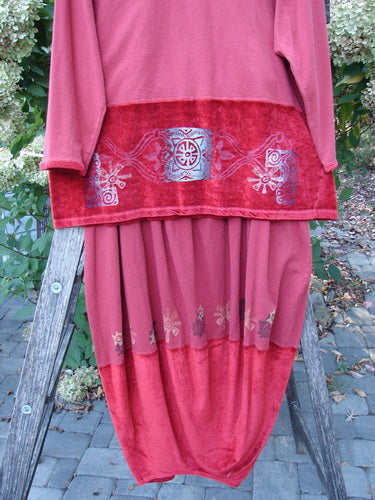 1996 Velvet Arrowhead Sofia Duo Pomegranate Size 1 2 displayed on a rustic ladder outdoors, featuring a velour tunic and skirt with ornamental motifs, embodying vintage Blue Fish Clothing's creative individuality.