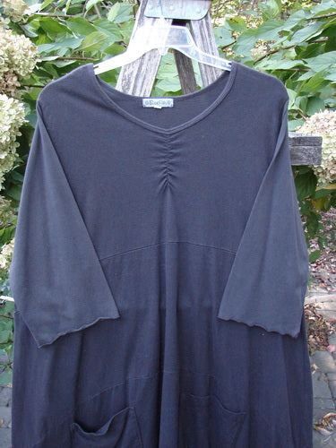 Barclay Perfect Day Dress Unpainted Black Size 2, featuring a gathered v-neckline, oversized pockets, and lettuce-edged three-quarter sleeves, displayed outdoors with greenery in the background, highlighting its flowing, comfortable fit.