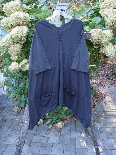 Barclay Perfect Day Dress Unpainted Black Size 2 displayed on a hanger, showcasing a V-neck with elastic gather, batwing sleeves, two front pockets, and an asymmetric hem, emphasizing a relaxed, artistic style.