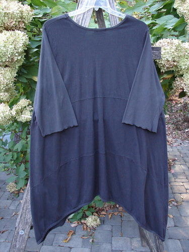Barclay Perfect Day Dress Unpainted Black Size 2: Loose-fitting tunic with three-quarter sleeves, asymmetric hem, V neckline, oversized pockets, and lettuce edges, hanging outdoors on a hanger against garden shrubs.
