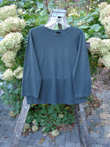 Barclay Hemp Cotton Long Sleeved Tee Unpainted Deep Forest Size 1, displayed on a wooden ladder outdoors, features a rounded neckline and drop shoulders, embodying BlueFishFinder's vintage and expressive style.