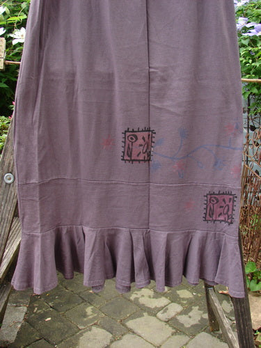 1996 Spring Laughter Skirt Stitch Vine Violet Field Size 2, featuring ruffles, full elastic waistband, and detailed stitch vine pattern, in perfect condition and made from organic cotton.