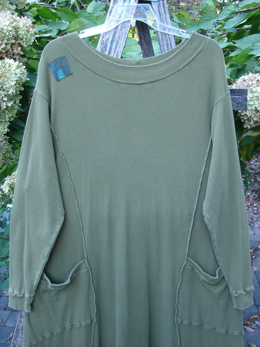 Barclay Patched Thermal Curve Dress Greenroot Size 1 displayed outdoors, showcasing its boat neckline, exposed seams, slouchy pockets, and decorative patches, embodying BlueFishFinder's vintage style and unique design ethos.