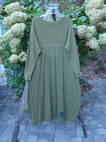 Barclay Patched Thermal Curve Dress Greenroot Size 1 on a wooden ladder, featuring a unique figure-eight shape, thicker rib neckline, exterior stitching, and three painted patches, set against a garden backdrop.