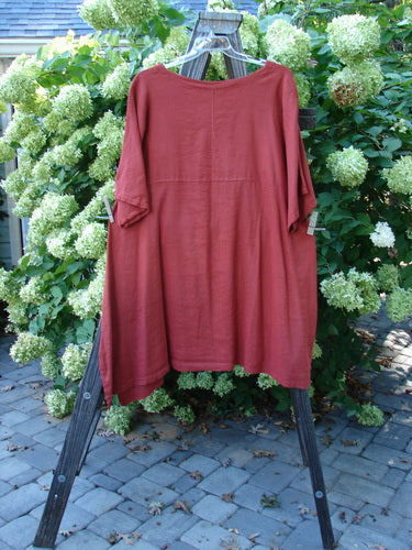 Barclay Linen Viscose Vented Urchin Dress Unpainted Brick Stripe Size 2 displayed on a wooden rack with a soft V neckline, curved empire waist, and three-quarter sleeves.