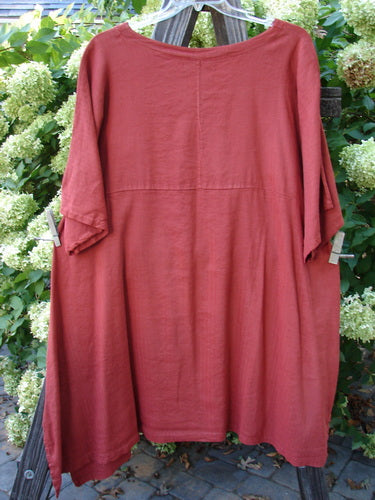 Barclay Linen Viscose Vented Urchin Dress Unpainted Brick Stripe Size 2 hanging on a clothesline, featuring a softer V neckline, three-quarter sleeves, and A-line shape.