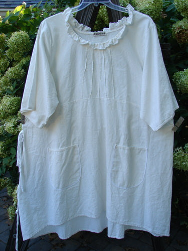 Barclay Linen Duet Sunrise Dress Unpainted Creme Size 2 displayed on a hanger, featuring a curly cotton neckline, vertical pleats, empire waistline, front pockets, and varying hemline.