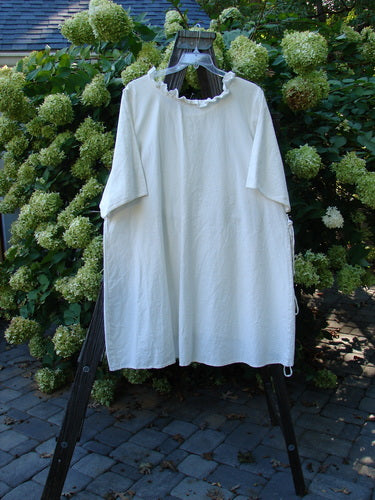 Barclay Linen Duet Sunrise Dress Unpainted Creme Size 2 displayed on a rack, showcasing a ruffled neckline, puckered pleats, empire waistline, varying hemline, and two front pockets in lightweight linen.