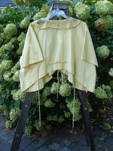 Barclay Linen Batiste Rippie Tie Jacket Shrug Florals Quiet Sunshine Size 2 displayed on a wooden ladder, showcasing its deep V neckline, painted flutter collar, and rear tie back with shell button.