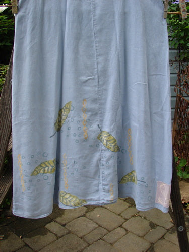 1999 Handkerchief Linen Sunbeam Dress Leaf Water Size 1, featuring a full-length sweeping skirt, empire waist seam, and sectional panels with a sweet leaf theme paint.