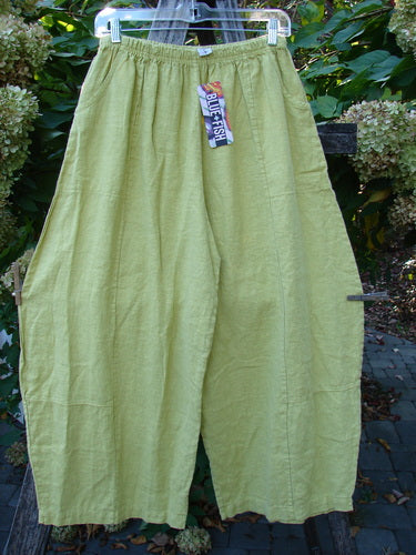 Barclay NWT Linen Alchemist Pant Unpainted Citron Size 0 displayed on a clear hanger, showcasing its wide-leg design, elastic waist, dual front pockets, and sectional panels for a 3D effect.