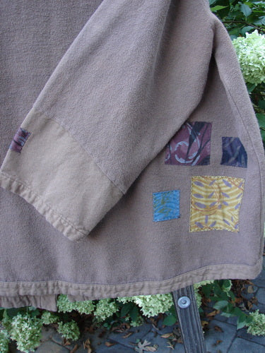 Barclay Patched Flannel Frolic Jacket Vine Garden Rock Size 2 features patchwork, painted details, ribbed outer, oversized front pocket, unique buttons, and a round widening hemline, showcasing Bluefishfinder's creative vintage style.