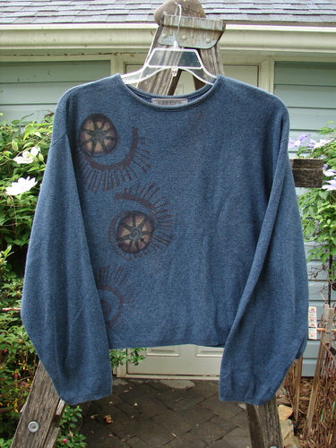 1997 Cotton Cashmere Crop Pullover Star Wheel Marled Blueprint Size 3, featuring drop shoulders, thinly ribbed hemline, and a rolled ribbed neckline with a detailed star wheel design.