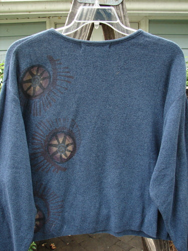 1997 Cotton Cashmere Crop Pullover Star Wheel Marled Blueprint Size 3, featuring a boxy shape, drop shoulders, rolled neckline, and detailed star wheel design.