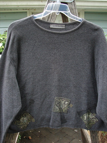 1997 Cotton Cashmere Crop Pullover Column Marled Granite Size 3, featuring a slightly shorter boxy shape, drop shoulders, and a detailed column theme paint on super soft dense spun cotton knit.