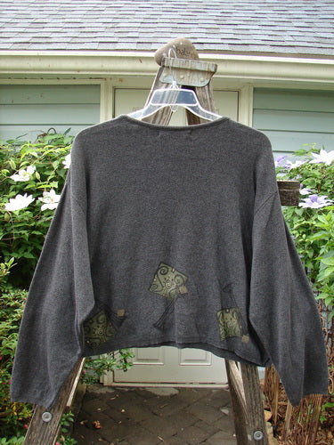 1997 Cotton Cashmere Crop Pullover Column Marled Granite Size 3 displayed on a mannequin. The sweater features a boxy shape, drop shoulders, ribbed hemline, and detailed column-themed paint.
