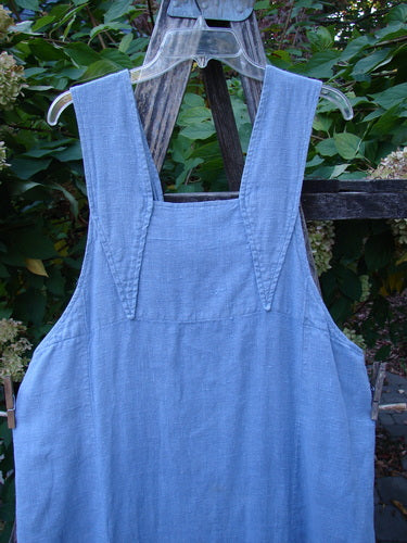 1999 Summercloth Suspender Overall Jumper Unpainted Bluestone Size 1 on a hanger, showcasing sturdy shoulder straps, oversized metal buttons, and deep side pockets, draped over a wooden fence with greenery.