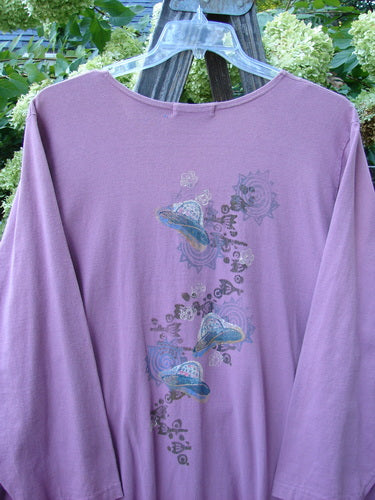 1997 Belladonna Jacket Pocketless Top Hat Crocus Size 2: A purple jacket with whimsical top hat theme paint and a flirty bottom flounce. Made from organic cotton.
