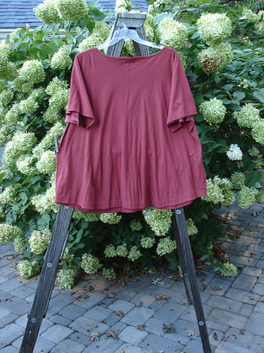 Barclay Double Pocket Twinkle Top Unpainted Cinnabar Size 2 displayed on a wooden rack, showcasing its short sleeves, boat neckline, and double lower drop pockets.