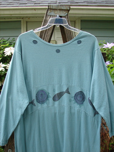 1995 Empire Dress Moon Fish Venus Size 2, featuring a downward curved waist panel, painted neckline, tighter lower sleeves, and a moon and fish theme.