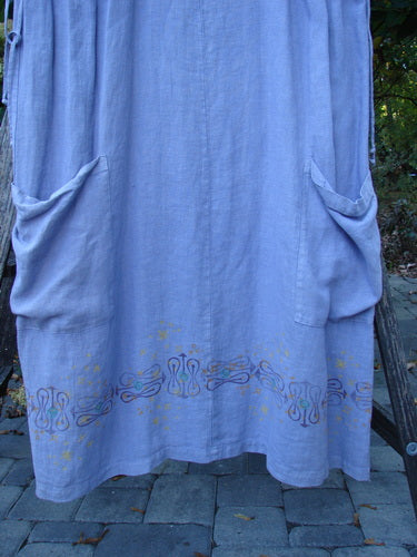 2000 Hemp Summercloth Hi Way Overall Jumper Star Border Twilight Size 2: A knee-length, artisan-style garment with adjustable straps, front pocketed bib, side cord cinches, and decorative embroidered hem, perfect for expressing individuality.