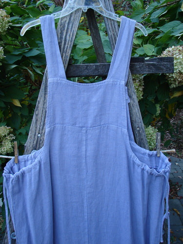 2000 Hemp Summercloth Hi Way Overall Jumper Star Border Twilight Size 2 displayed on a rustic wooden ladder, highlighting its adjustable shoulder button straps, front pocketed bib, and generous side pockets.