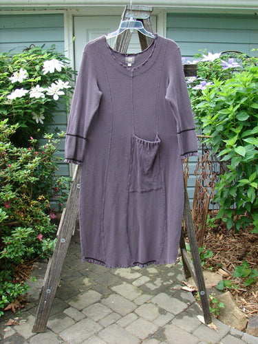 2000 Thermal Brann Dress Bubble Eggplant Size 1 displayed on a wooden rack, showcasing ruffled accents, elastic lower arm bands, and a large front pocket.