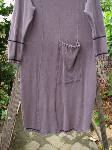 2000 Thermal Brann Dress Bubble Eggplant Size 1 displayed on a wooden ladder, highlighting ruffled accents, elastic lower arm bands, large front pocket, and pegged lower hem.